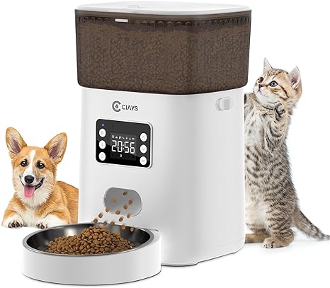 264 Ciays Automatic Cat Feeder, 4L, White, Plastic and Stainless Steel, Dispenses Up to 20 Portions